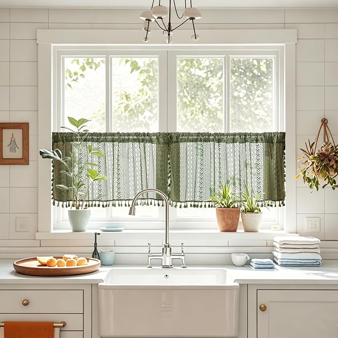 Sutuo Home Olive Green Boho Window Curtains Valance 18 inches Long 2 Panels - Image 2