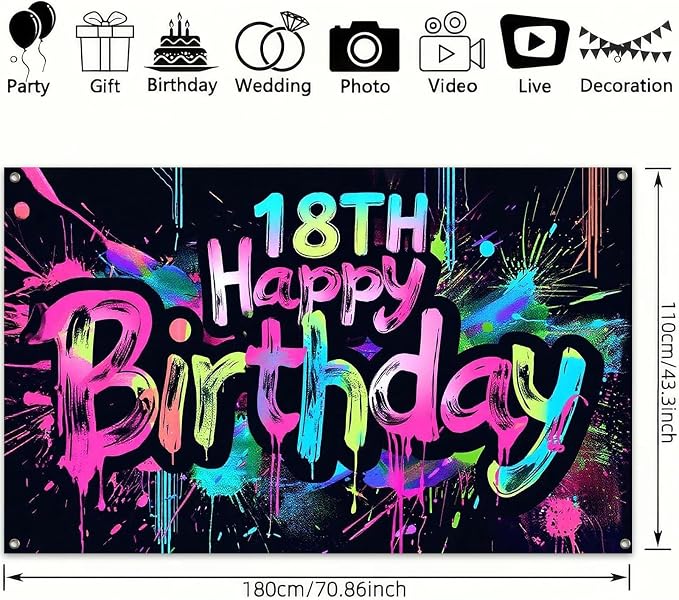 HOMETITUTE Neon 18th Happy Birthday Banner 71x43 Inch | Glow in The Dark Party - Image 3