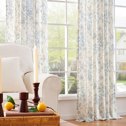 jinchan Blue Floral Linen Curtains 90 Inch Vintage Back Tab 2 Panels | Light - Image 7