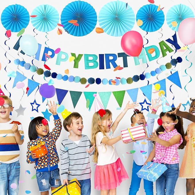 CANREVEL 17 PCS Pre-Strung 3D Blue Happy Birthday Banner, Happy Birthday Felt - Image 3