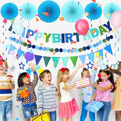 CANREVEL 17 PCS Pre-Strung 3D Blue Happy Birthday Banner, Happy Birthday Felt - Image 3