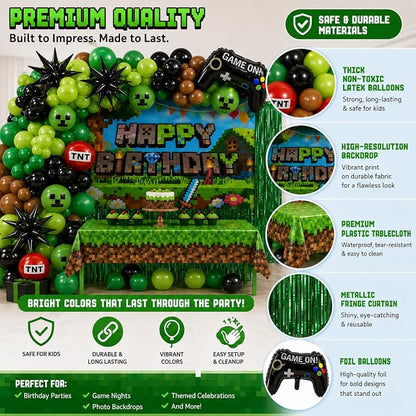 Pixel Game Birthday Party Decorations, Tablecloth, Foil Balloons, Fringe Curtain - Image 5