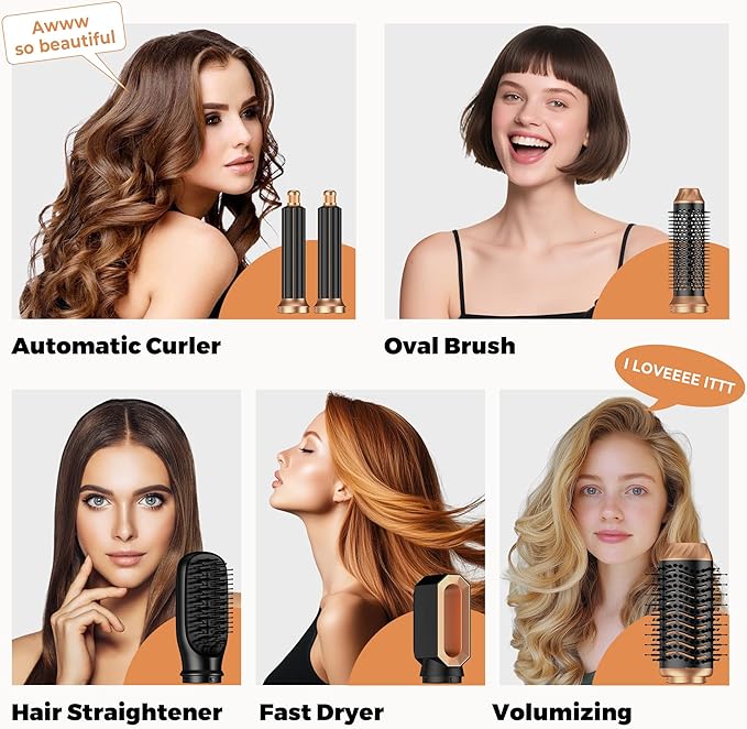 6 in 1 Blow Dryer Brush Set,Hot Air Styler Negative Ion Air Curling Wrap Air Curler, Round Brush Blow Dryer Curling Iron Hair Styling Tools Gift for Dry,Volumize, Straight,Curl,100-120V