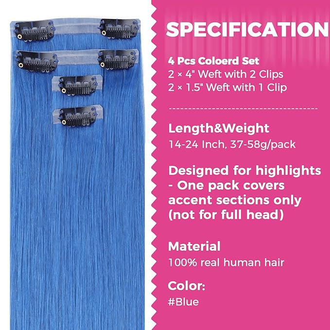 Lashey Hair Extensions Real Human Hair 48g 4pcs Blue 20 Inch Long Straight Seamless Clip in Hair Extensions Human Hair for Colored Highlight