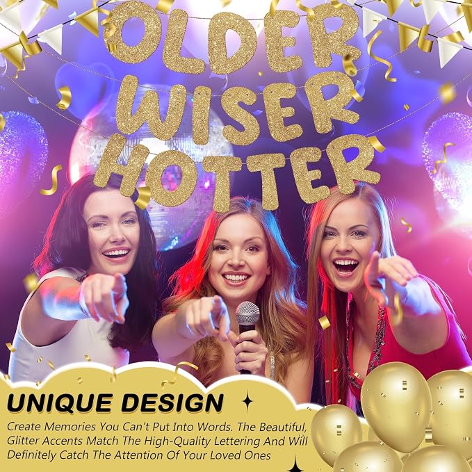 Fulmoon Set of 3 Pre Strung Older Wiser Hotter Glitter Banner Funny Birthday - Image 6