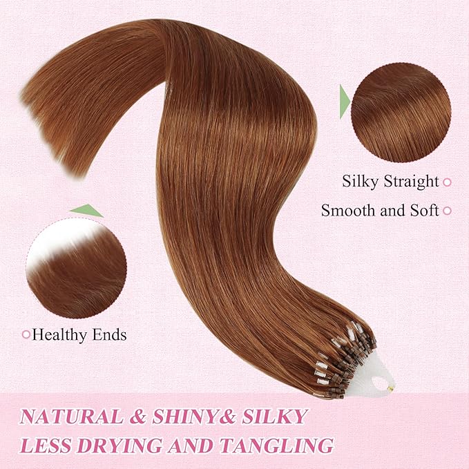 YoungSee Micro Hair Extensions Auburn 16 Inch Micro Bead Hair Extensions Real Human Hair Copper Micro Ring Hair Extension Copper Micro-Link Human Hair Extension 25g 25s Pre Bonded Remy Hair for DIY