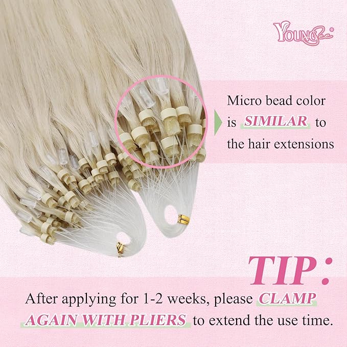 YoungSee Micro Bead Hair Extensions Real Human Hair Blonde 16 Inch Micro Link Hair Extensions Human Hair Platinum Blonde 50g Beaded Hair Extension Blond 50s Cold Fusion Hair Extension 50g for Girls