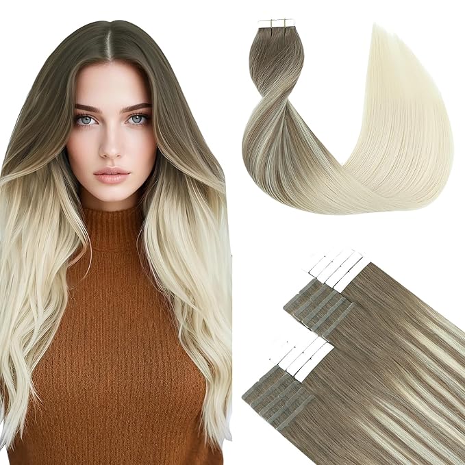SURNEL 22 inch Tape in Hair Extensions Ombre Color 8 Ash Brown Fading to 60 Platinum Blonde Tape in Hair Extension Hum an Hair 20pcs 50g(#8T60-22)