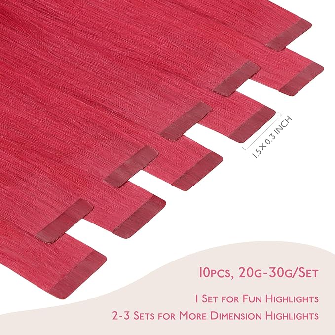 WENNALIFE Tape in Hair Extensions Human Hair Red Tape in Extensions, 10pcs 30g 20 inch Remy Invisible Tape Ins Straight Colored Soft Real Human Hair Tape in Extensions Refill Set Extensions