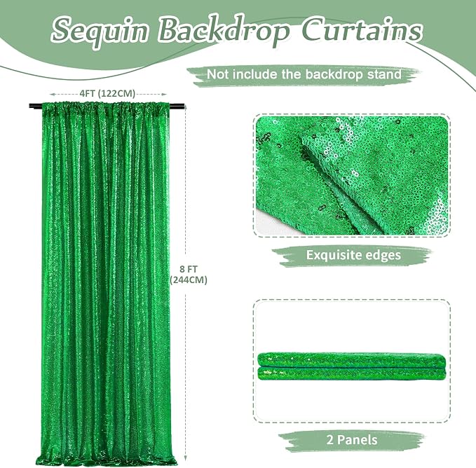 Green Sequin Backdrop Curtains-2 Panels 4FTx8FT Green Backdrop - Image 3