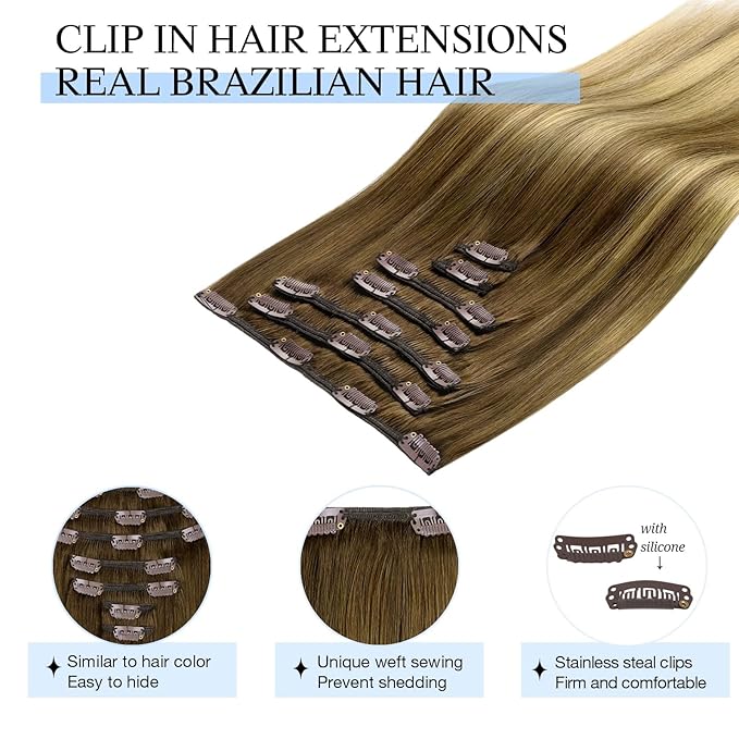 DOORES Human Hair Clip in Extensions, Medium Brown Highlighted Dirty Blonde, 24 Inch 7pcs 120g, Remy Straight Natural Real Hair