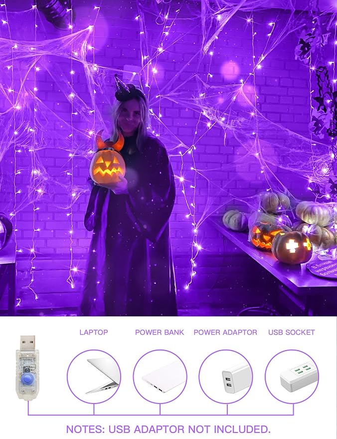 Purple Curtain Lights for Halloween, 200 LED Hanging String Lights - Image 2