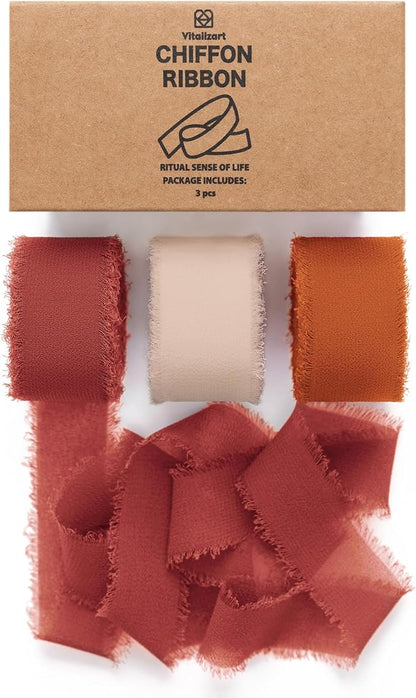 Vitalizart Terracotta & Orange Chiffon Silk Ribbon 1"x 21Yd Handmade Fringe | by Vitalizart