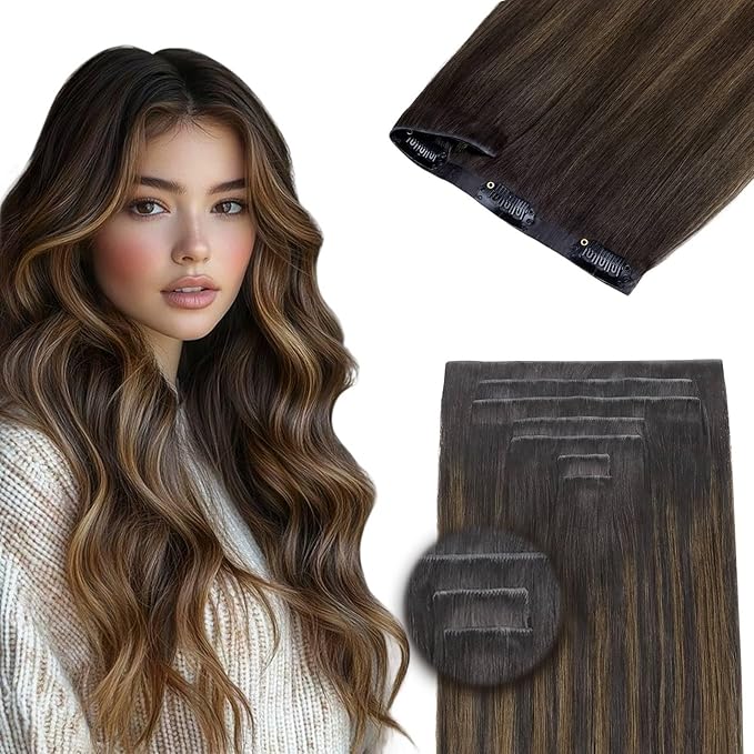 DOORES Hair Extensions Real Human Clip in 20 inch 120g 7pcs Invisi Edge, Seamless Clip in Hair Extensions Invisible Clipins Virgin Injected Skin Weft, 2/6/2 Dark Brown to Chestnut Brown