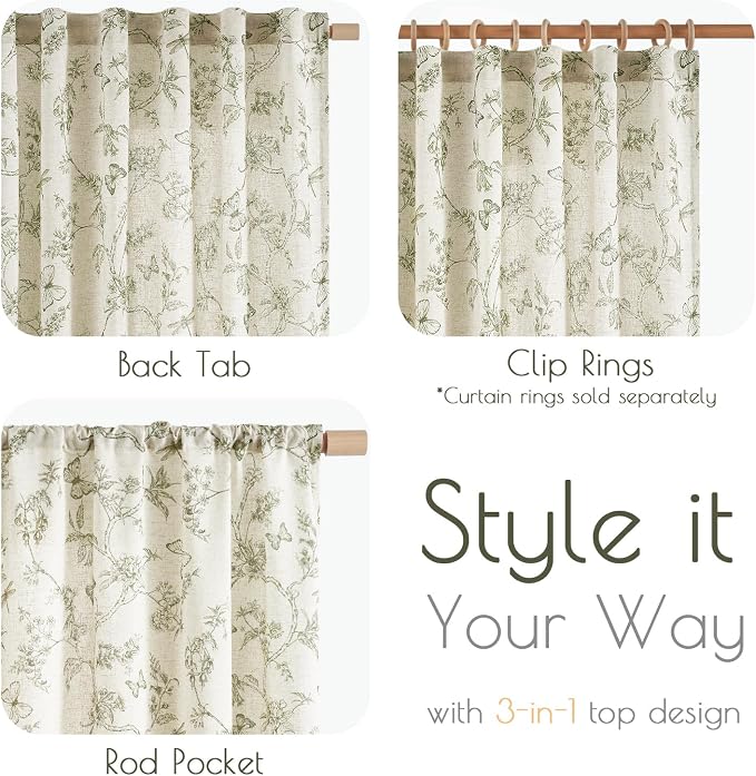 Green Floral Linen Curtains Farmhouse Rod Pocket 50W X 96L 2 Panels | Charlotte - Image 6