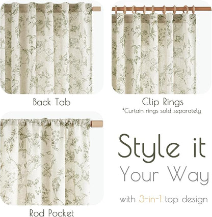 Green Floral Linen Curtains Farmhouse Rod Pocket 50W X 96L 2 Panels | Charlotte - Image 6