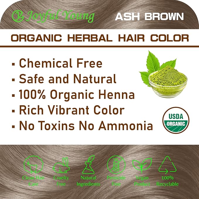 100% Organic Henna Hair Color – Natural, Chemical-Free Hair Dye for Rich, Vibrant Color & Gloss – Grey Coverage, Safe for All Hair Types, Vegan Non-Toxic, Herbal Hair Treatment (ASH BROWN)