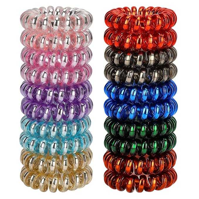 JessLab Spiral Hair Ties, 20 Pcs Traceless Phone Cord Hair Ties No Crease Spiral Bracelet Plastic Coil Ponytail Holders No-Damage Headband Hair Accessory for Girls Women Ladies Gift (Lustrous)