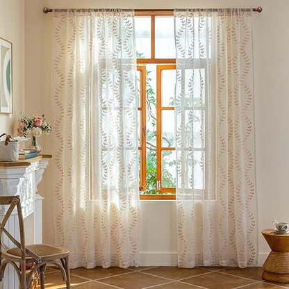 2 Panels Linen Leaf String Floral Embroidered Semi Sheer Curtain Farmhouse - Image 2