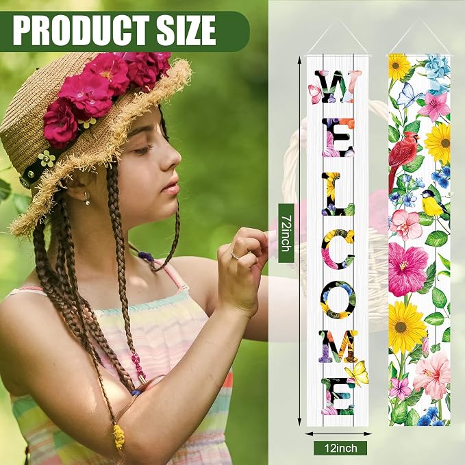 Frienda 2 Pcs Spring Welcome Floral Porch Banners 72"x12" Summer Flower Hanging - Image 2
