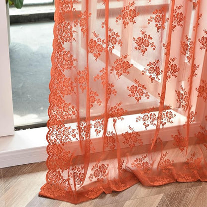 Kotile Burnt Orange Floral Sheer Curtains - Image 5