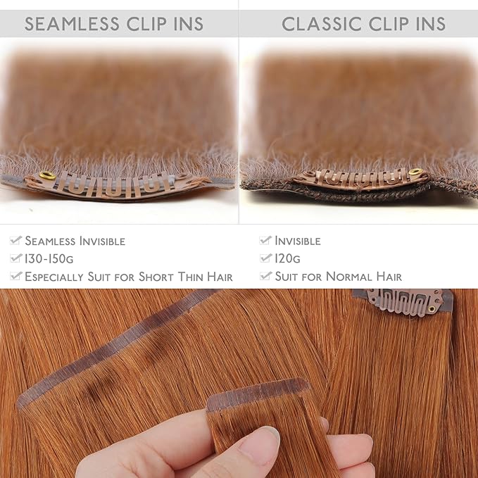 WENNALIFE Seamless Clip In Hair Extensions Human Hair, 18 Inch 130g 7pcs Dirty Ginger Real Hair Extensions Clip in Human Hair Invisible PU Skin Weft Natural Remy Human Hair Extensions