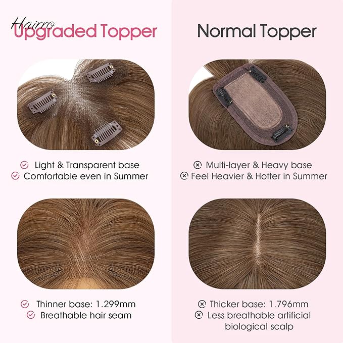 Hairro Human Hair Toppers with Side Bangs, 3D 360° Seamless Real Hair Toppers, Hand-Tied with 3.5"x4.7" T-shaped Base, Clip-In Hairpieces to Add Volume on Top, 11 Inch Medium Brown