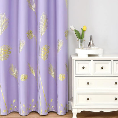 Lilac Blackout Curtains for Bedroom, Room Darkening Gold Palm Tree Pattern - Image 2
