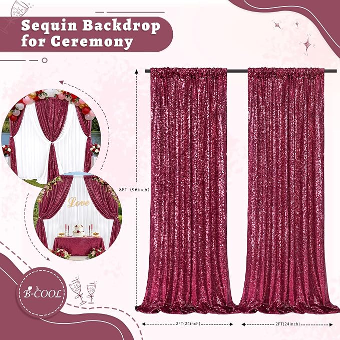 Burgundy Sequin Backdrop Curtains Party Photo Glitter Drapes 2 Pcs 2FTx8FT | - Image 2