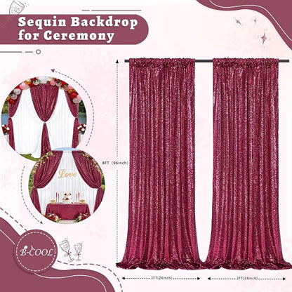 Burgundy Sequin Backdrop Curtains Party Photo Glitter Drapes 2 Pcs 2FTx8FT | - Image 2