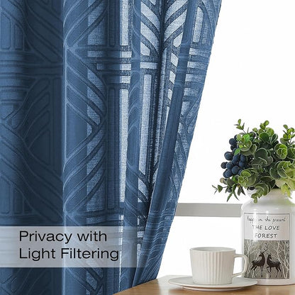 Simplebrand Dusty Blue Semi Sheer Curtains 45 Inch Length 2 Panels, Geometric - Image 2