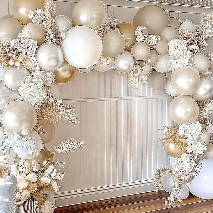 Champagne Gold and White Balloons, 12 Inch Double Stuffed Pearl White Sand Gold - Image 5