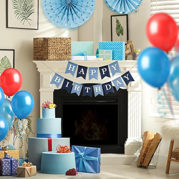Pre-Strung Blue Happy Birthday Banner, No DIY Burlap Banner, Colorful Party - Image 5