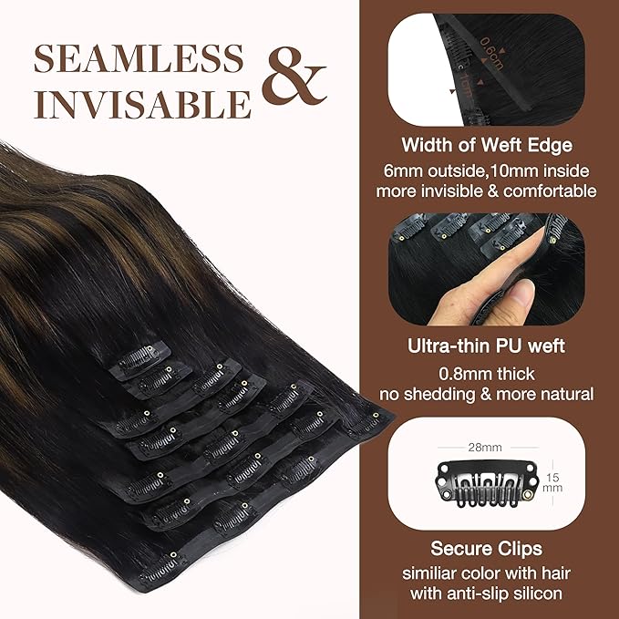 GOO GOO Clip in Hair Extensions Real Human Hair, Remy Human Hair Extensions Clip ins for Women, Natural Human Hair, 22inch 150g 7Pcs, 1B/6/1B Balayage Natural Black to Chestnut Brown