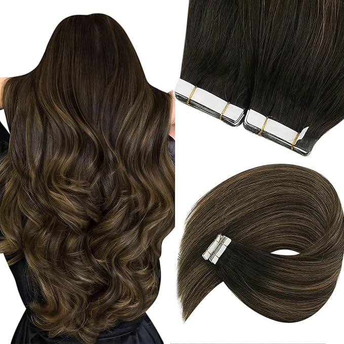 Sunny Hair Tape in Hair Extensions Human Hair 16 Inch Hair Extensions Real Human Hair Tape in Extensions for Women Darkest Brown Ombre Medium Brown Balayage Remy Hair Straight Skin Weft 40pcs 100g