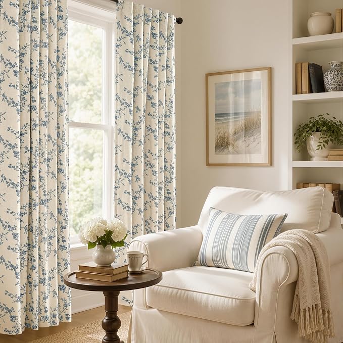 Blackout Vintage Floral Linen Curtains Blue on Beige 50×90 2 Panels | Elisa - Image 7