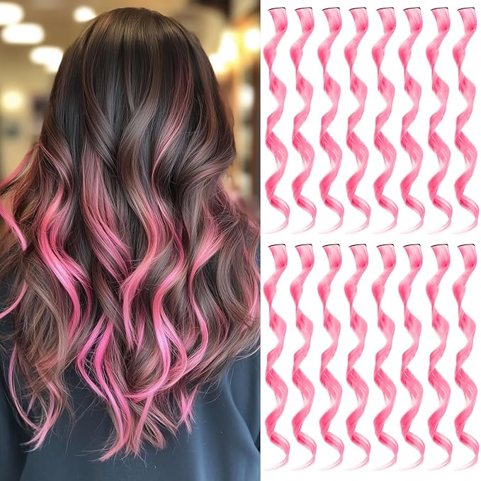 16 Pcs Pink Hair Extensions Curly Wavy Clip in Synthetic Hair Extensions,Colorful Party Highlights Hairpiece Streak for Girls Women Kids Cosplay Party Gift(Pink)