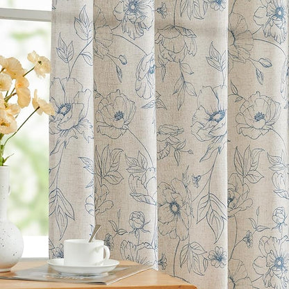 jinchan Floral Linen Curtains for Living Room 63 Inch Length Blue Flower by JINCHAN