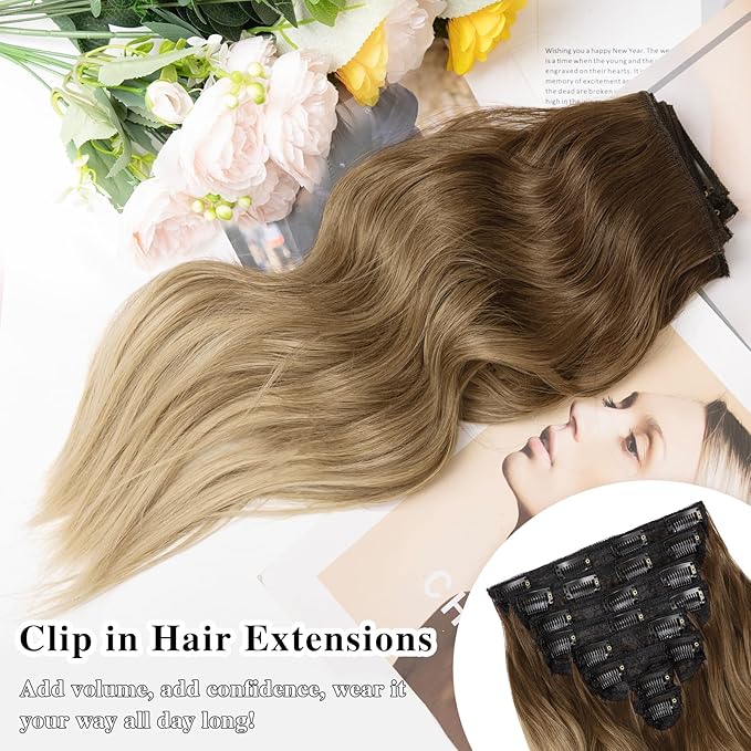Clip in Hair Extensions, 16 Inch Omber Blonde Hair Extensions Clip Ins Wavy, 8PCS Synthetic Thick Hairpieces for Women