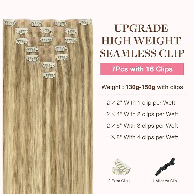 GOO GOO Clip in Hair Extensions Real Human Hair, Remy Human Hair Extensions Clip ins for Women, Natural Human Hair, 22inch 150g 7Pcs, 16/22 Light Blonde Highlighted Golden Blonde