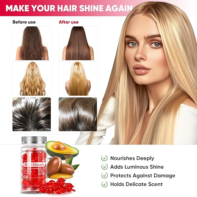 Jaxmoon Hair Treatment Serum - Bali Secret Hair Vitamin, No Rinse with Moroccan Macadamia Avocado Oils, Vitamins A C E Pro Vit B5, 50 Capsules