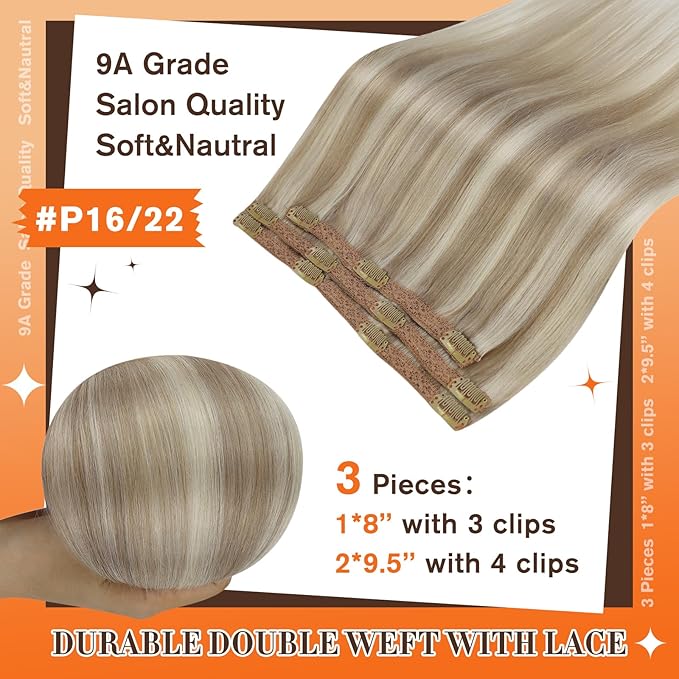 Full Shine Blonde Clip in Hair Extensions Highlights Light Blonde Real Human Hair 16 Inch Invisible Human Hair Clip ins for Women Natural Hair Add Volume 60 Grams 3Pcs
