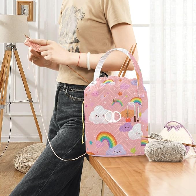 Multicolored Stars Rainbows Yarn Bag Small Crochet Bag Drawstring Yarn Storage - Image 6