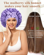 AWAYTR Silk Bonnet for Sleeping Women 100% Mulberry Silk Bonnet with Band 2 Layer Reversible Hair Bonnet Sleeping Hair Wrap (Purple/Violet)