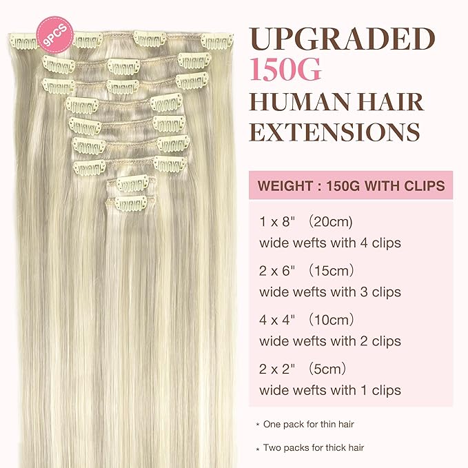 GOO GOO Clip in Hair Extensions Real Human Hair, Remy Human Hair Extensions Clip ins for Women, Natural Human Hair, 24inch 150g 9Pcs, #17A/60A Ash Blonde Highlighted Platinum Blonde