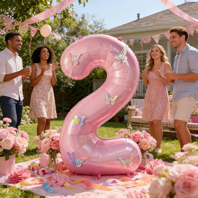 40 Inch Number Balloon Pink Large Mylar Foil Pink Number Balloons and Butterfly - Image 4