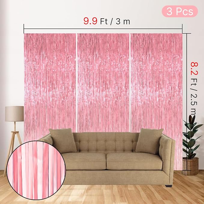 PartyWoo Pink Pastel Tinsel Streamers 8.2FT 3pcs Foil Fringe Backdrop | Pink - Image 4