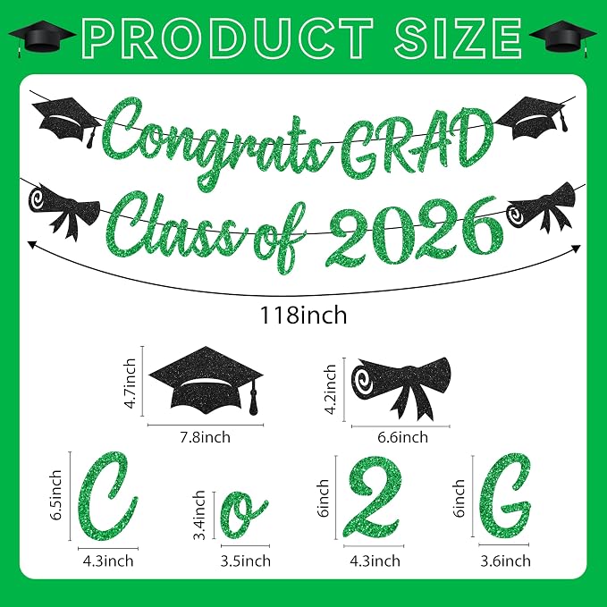 Black and Green Graduation Banner 2026, GlitterGreen Class of 2026 Banner - Image 4