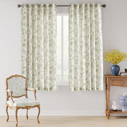 Green Floral Linen Curtains Farmhouse Rod Pocket 50W X 63L 2 Panels | Charlotte - Image 2
