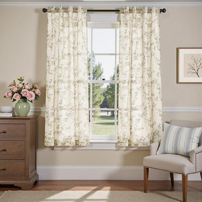 jinchan Green Floral Linen Curtains 63 Inch Farmhouse Back Tab 2 Panels | Green - Image 2
